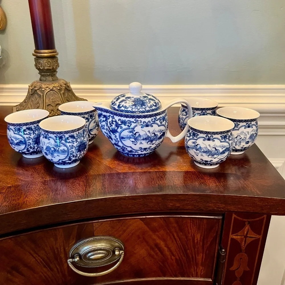 NWB Vintage Chinese Porcelain Blue & White Chinoiserie Mini Tea Set Never Used - Picture 4 of 10